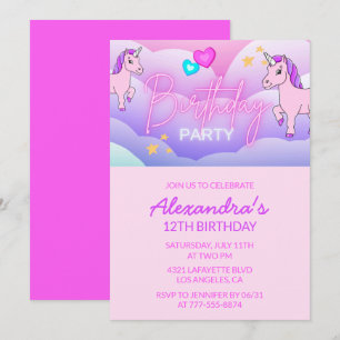 Rainbow Unicorn Birthday Invitations 12th Girl