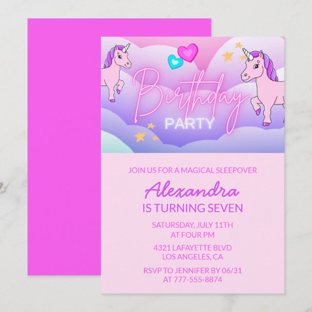 Rainbow Unicorn Birthday Invitations 7th Girl (Front/Back)