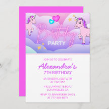 Rainbow Unicorn Birthday Invitations 7th Pink