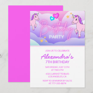 Rainbow Unicorn Birthday Invitations 7th Pink