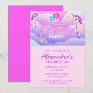 Rainbow Unicorn Birthday Invitations 8th Girl