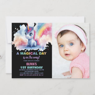 Rainbow Unicorn Birthday Invitations with photo