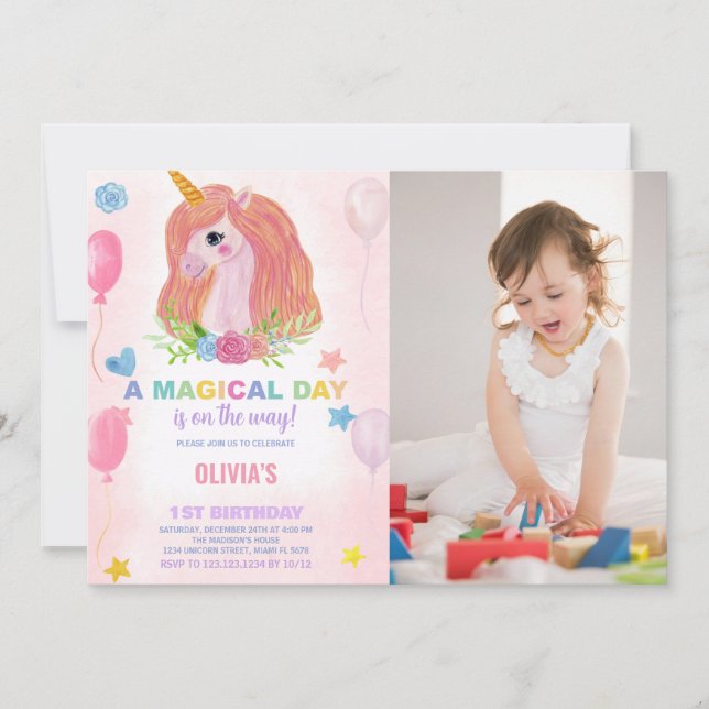 Rainbow Unicorn Birthday Invitations with photo (Front)