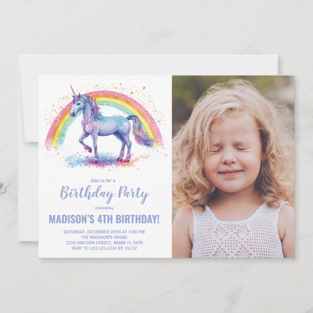 Rainbow Unicorn Birthday Invitations with photo (Front)