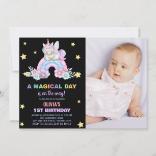 Rainbow Unicorn Birthday Invitations with photo