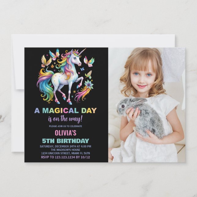 Rainbow Unicorn Birthday Invitations with photo (Front)