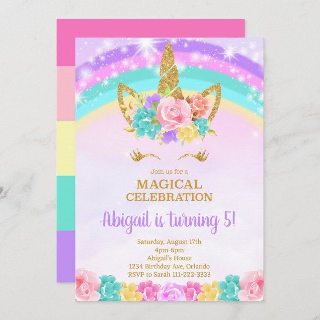 Rainbow Unicorn Birthday Invite (Front/Back)