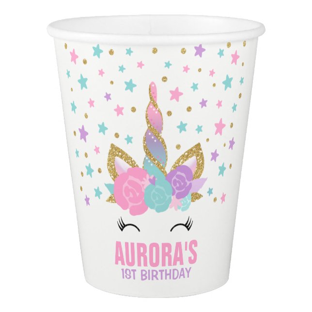 Rainbow Unicorn Birthday Paper Cup Pink Gold Cup (Front)