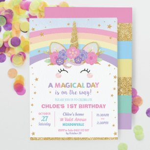 Rainbow Unicorn Birthday Party Girl Invitation