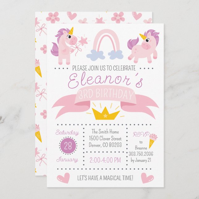 Rainbow Unicorn Birthday Party Invitation  (Front/Back)
