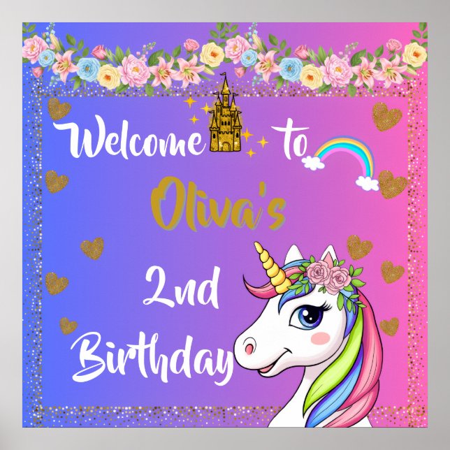Rainbow Unicorn Birthday Welcome Poster (Front)