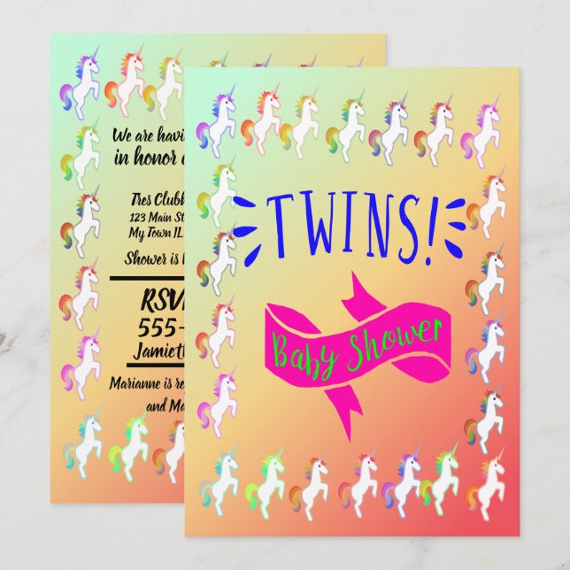 Rainbow Unicorn Border Twins Celebration Design Invitation (Front/Back)