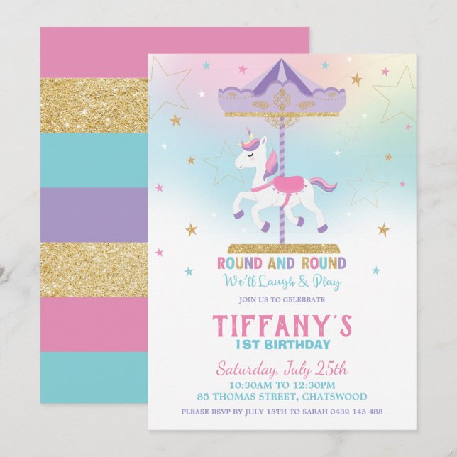 Rainbow Unicorn Carousel 1st Birthday Gold Glitter Invitation (Front/Back)