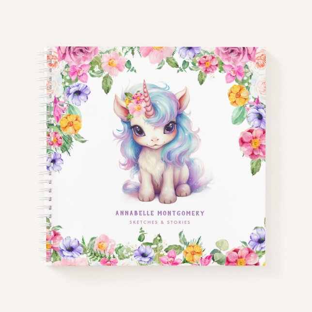 Rainbow Unicorn Custom Name Cute Kids Sketch  Notebook (Front)