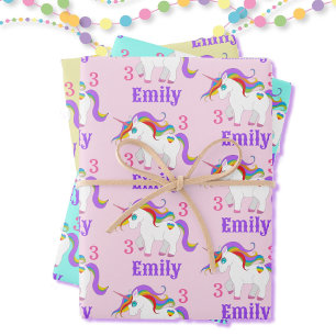 Rainbow Unicorn Cute Heart Child's Name & Age 3 Wrapping Paper Sheet