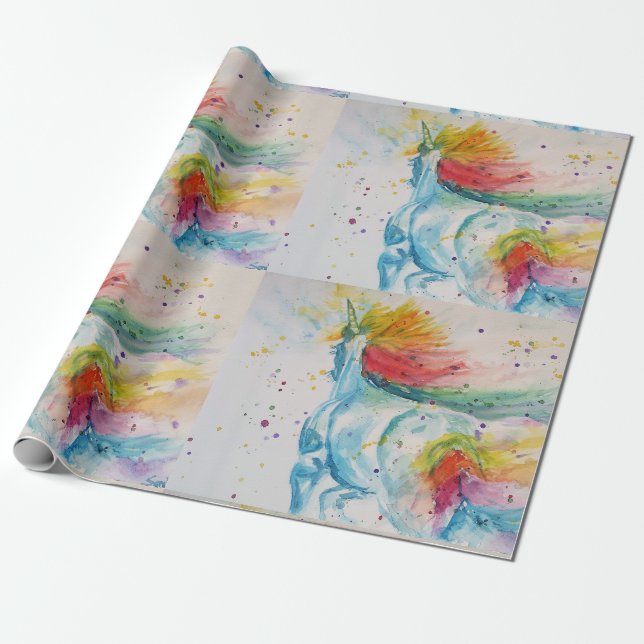 Rainbow Unicorn Cute magical Watercolour Wrapping Paper (Unrolled)