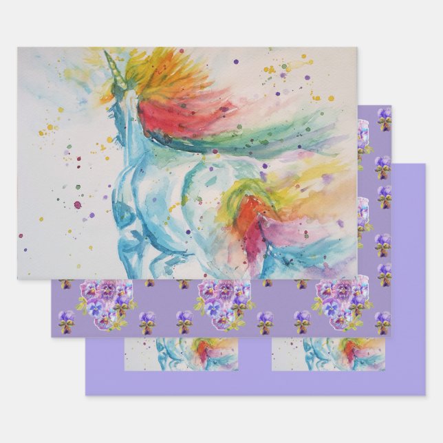 Rainbow Unicorn Cute Magical Watercolour Wrapping Paper Sheet (Set)