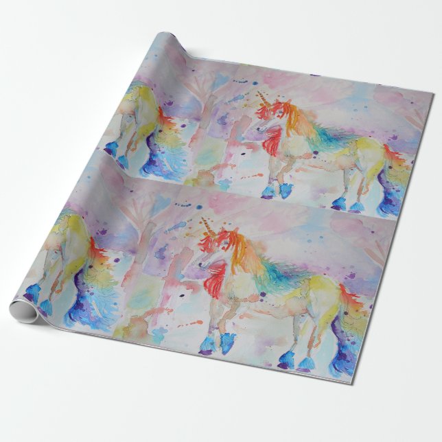 Rainbow Unicorn Cute magical Watercolour Wrapping Wrapping Paper (Unrolled)