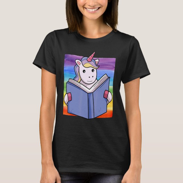Rainbow Unicorn Cute Unicorn Face Reading A Book T-Shirt (Front)