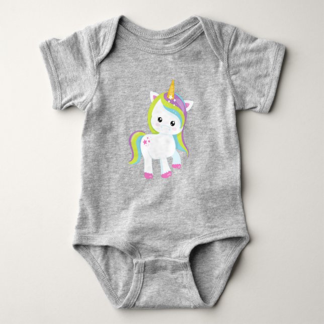 Rainbow Unicorn, Cute Unicorn, Magic Unicorn, Star Baby Bodysuit (Front)