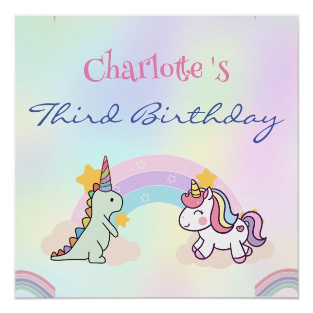 Rainbow Unicorn & Dinosaur Friends Birthday Party Poster (Front)