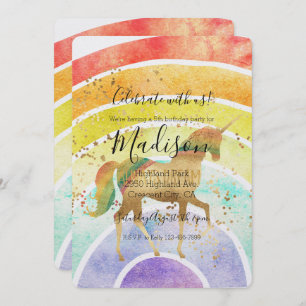 Rainbow Unicorn Dream Gold Confetti Birthday Invitation