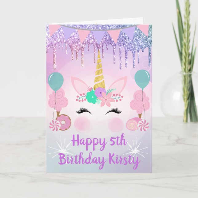 Rainbow Unicorn Face & Sweets Birthday Card (Front)