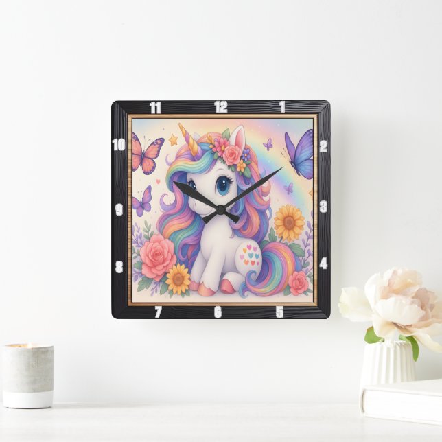 Rainbow Unicorn Floral Child's Square Wall Clock (Home)