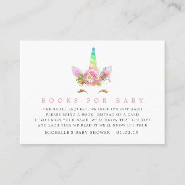 Rainbow Unicorn Girl Baby Shower Book Request Enclosure Card (Front)