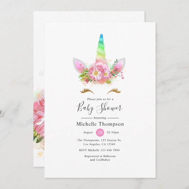 Rainbow Unicorn Girl Baby Shower Invitation (Front/Back)