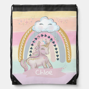 🦄Rainbow Unicorn Girl Custom Name   Drawstring Bag