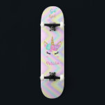Rainbow Unicorn Girl Skateboard<br><div class="desc">Make this sweet Unicorn Skateboard your own by adding your text. To access advanced editing tools on Zazzle, please go to "Personalise this template" and click on "Details", scroll down and press the "click to customise further" link. Great gift idea for Girls who love unicorns!</div>
