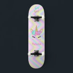 Rainbow Unicorn Girl Skateboard<br><div class="desc">Make this sweet Unicorn Skateboard your own by adding your text. To access advanced editing tools on Zazzle, please go to "Personalise this template" and click on "Details", scroll down and press the "click to customise further" link. Great gift idea for Girls who love unicorns!</div>