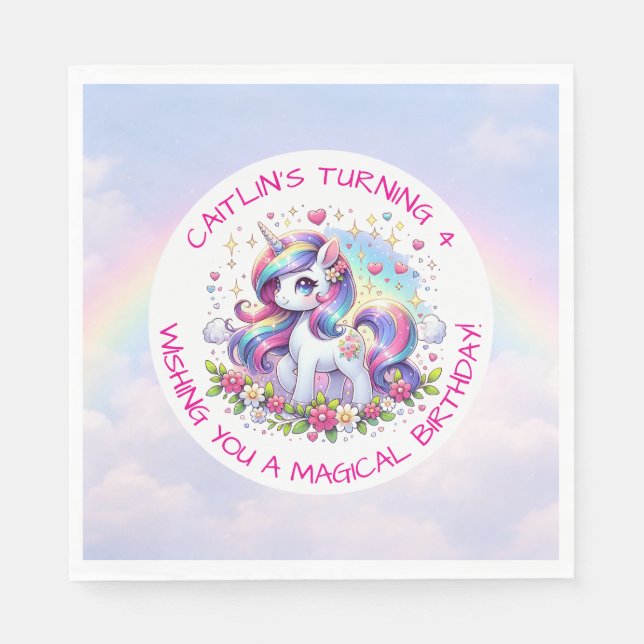 Rainbow Unicorn Girl's Birthday Party Personalized Napkin (Front)