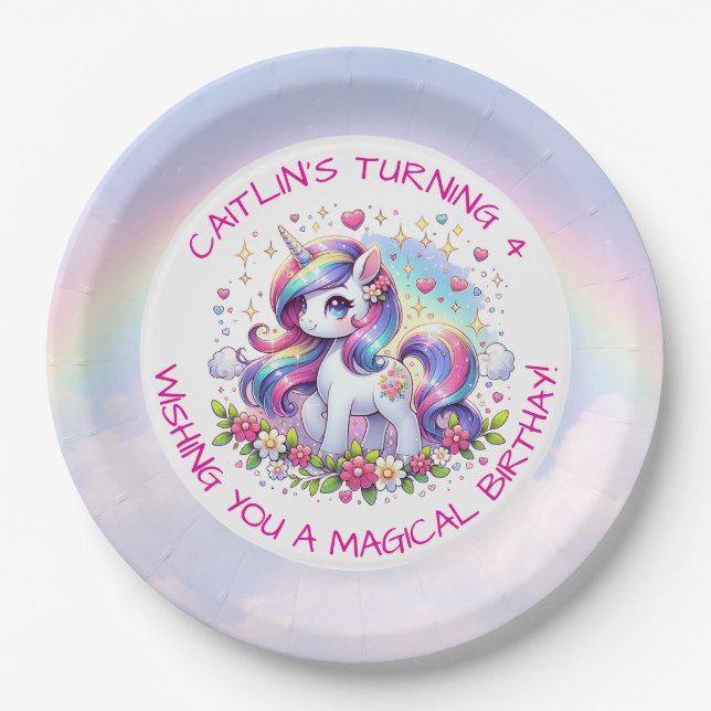 Rainbow Unicorn Girl's Birthday Party Personalized Paper Plate (Front)