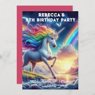 Rainbow Unicorn Girly Birthday Party Invitations