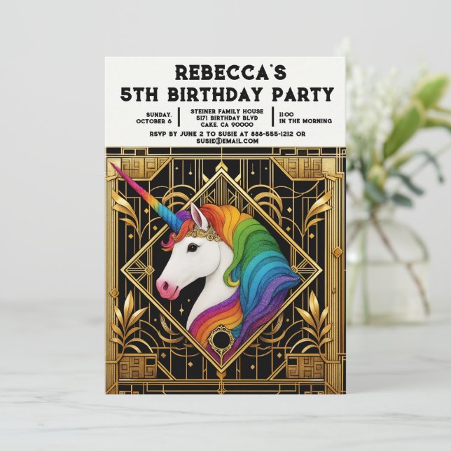 Rainbow Unicorn Girly Birthday Party Invitations (Standing Front)