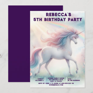 Rainbow Unicorn Girly Birthday Party Invitations