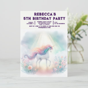 Rainbow Unicorn Girly Birthday Party Invitations
