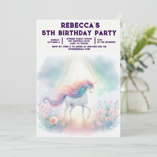 Rainbow Unicorn Girly Birthday Party Invitations (Standing Front)