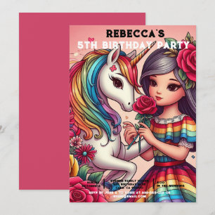Rainbow Unicorn Girly Birthday Party Invitations