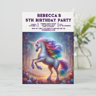 Rainbow Unicorn Girly Birthday Party Invitations