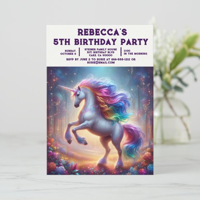 Rainbow Unicorn Girly Birthday Party Invitations (Standing Front)