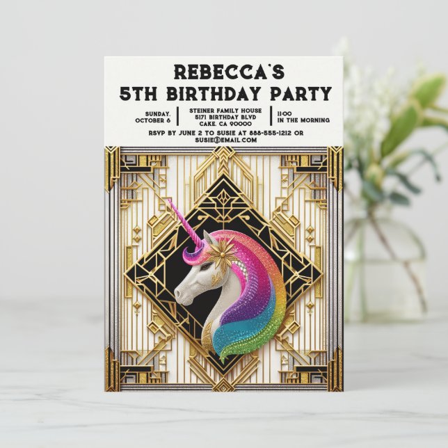 Rainbow Unicorn Girly Birthday Party Invitations (Standing Front)