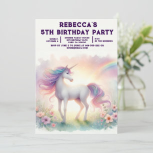 Rainbow Unicorn Girly Birthday Party Invitations