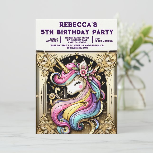 Rainbow Unicorn Girly Birthday Party Invitations (Standing Front)