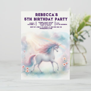 Rainbow Unicorn Girly Birthday Party Invitations