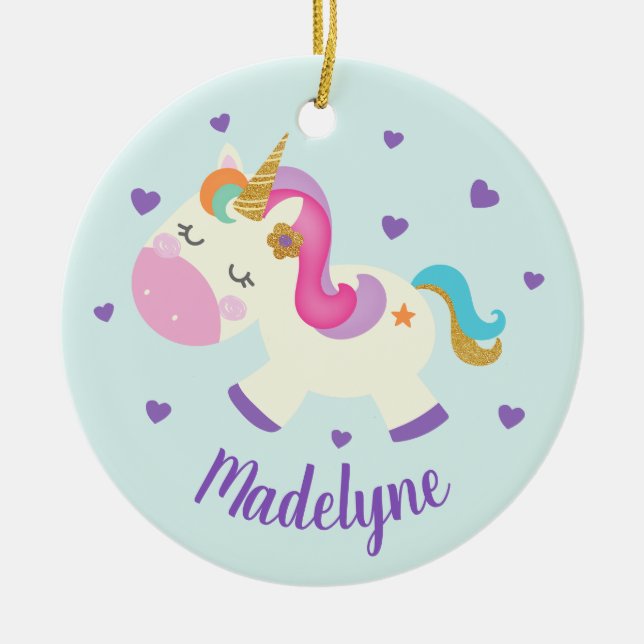 Rainbow Unicorn Glitter Christmas Aqua Name Ceramic Tree Decoration (Front)