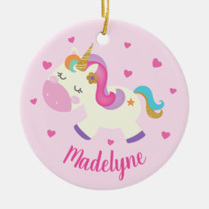 Rainbow Unicorn Glitter Christmas Pink Name Ceramic Tree Decoration