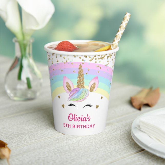 Rainbow Unicorn Gold Glitter Girl Birthday Paper Cups (Insitu)